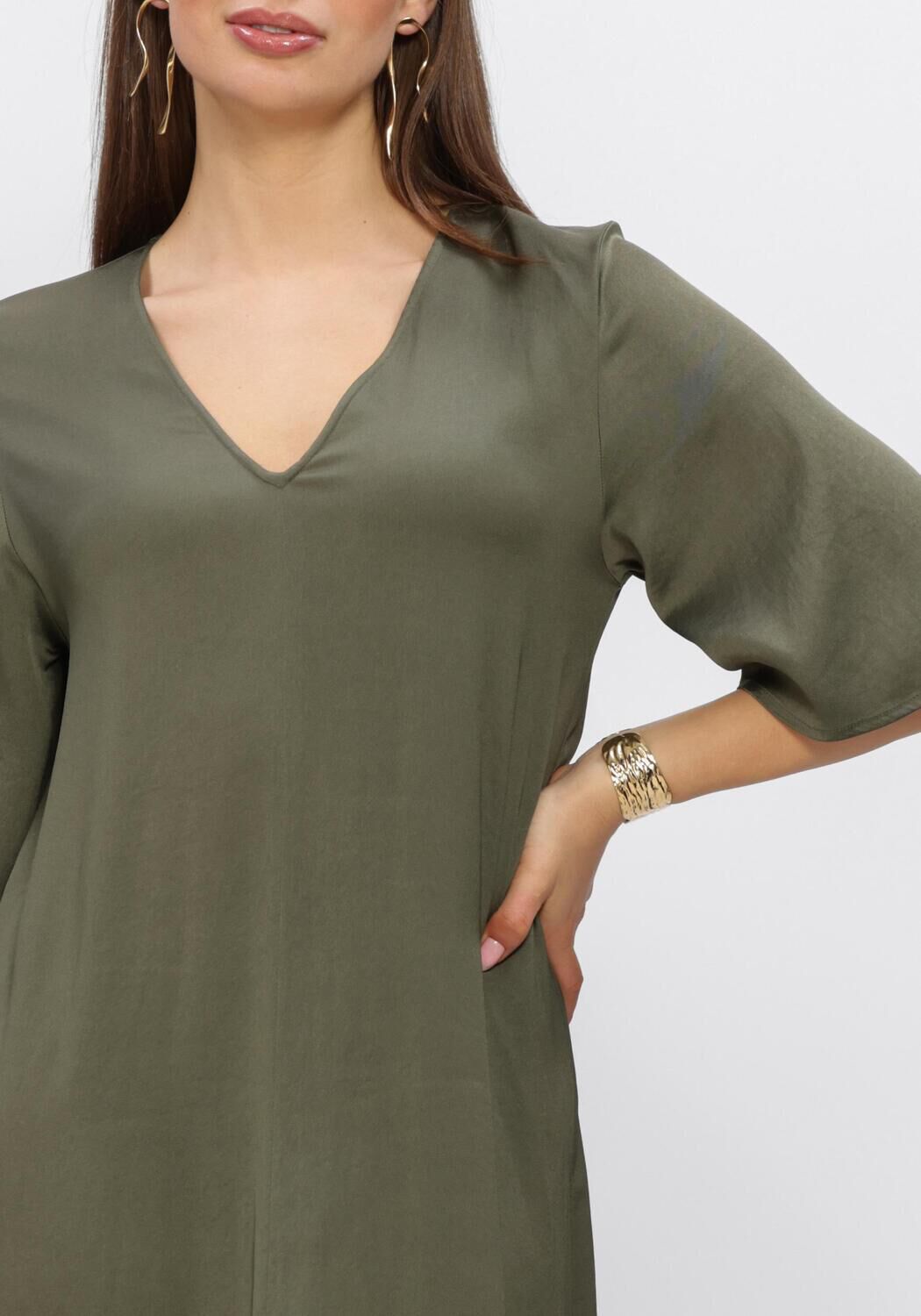 Olive green Alissa V-neck flowing maxi dress by Pink Baby, featuring a lightweight fabric and elegant, relaxed fit.
