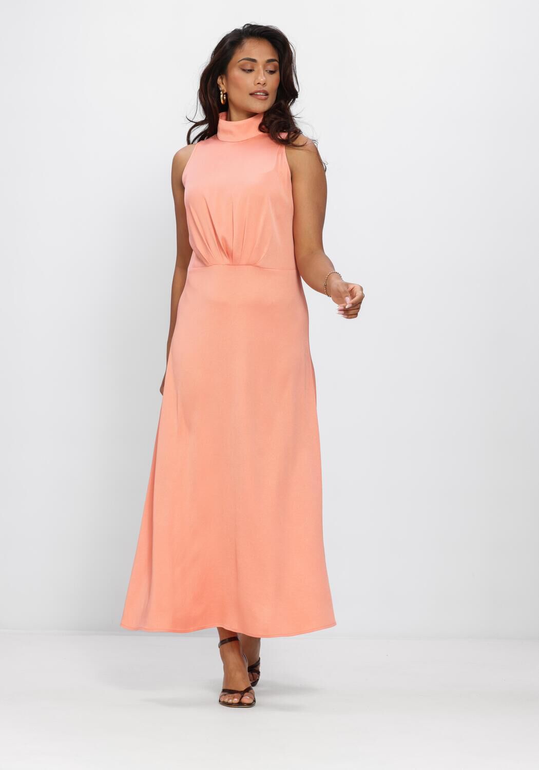 Pink Baby Sera Draped High-Neck Maxi Dress in peach, flowing fabric with a high neckline and elegant drape, full-length design.