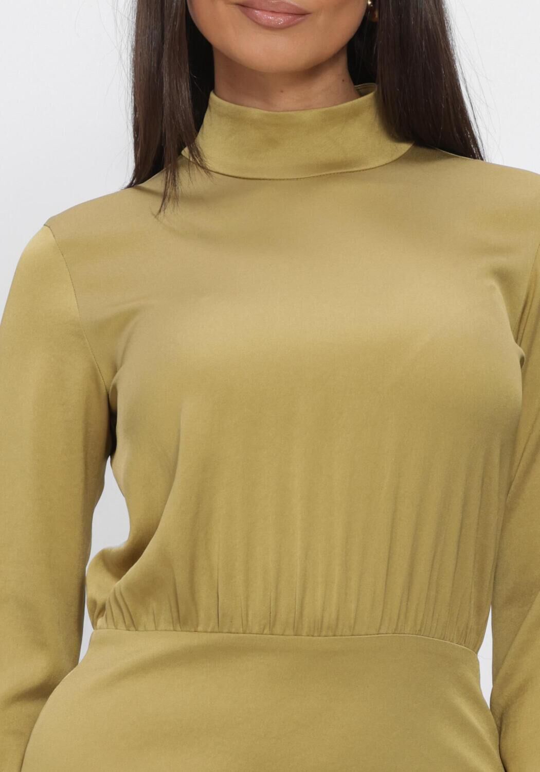 Pink Baby Claudia high-neck satin mini dress in olive green, featuring a smooth, shiny fabric and elegant fit.
