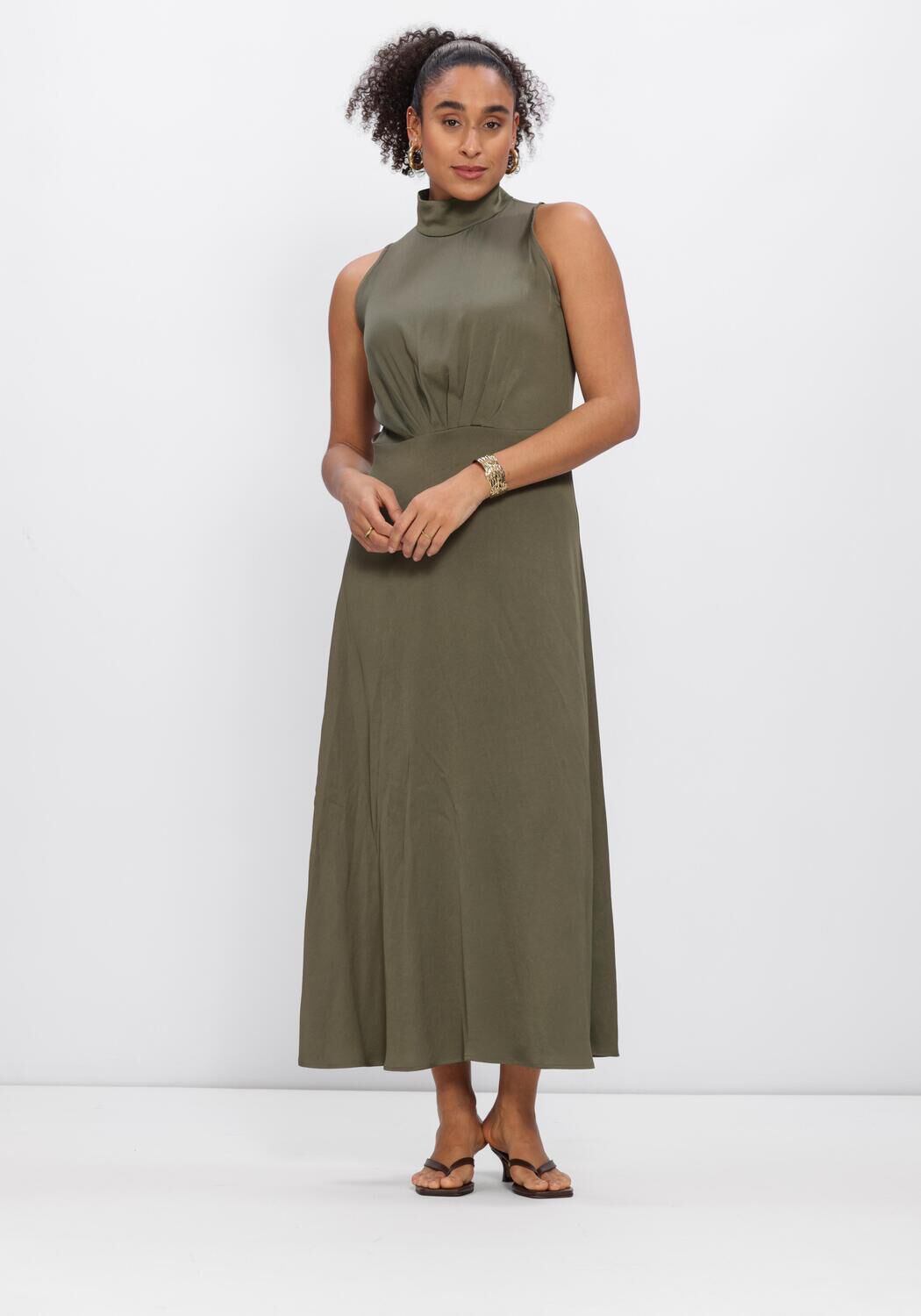 Olive green Selene high-neck sleeveless midi dress by Pink Baby, featuring a fitted bodice and flowy skirt.