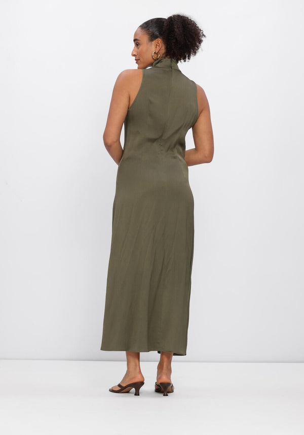 Olive green Selene high-neck sleeveless midi dress by Pink Baby, featuring a fitted bodice and flowing skirt.
