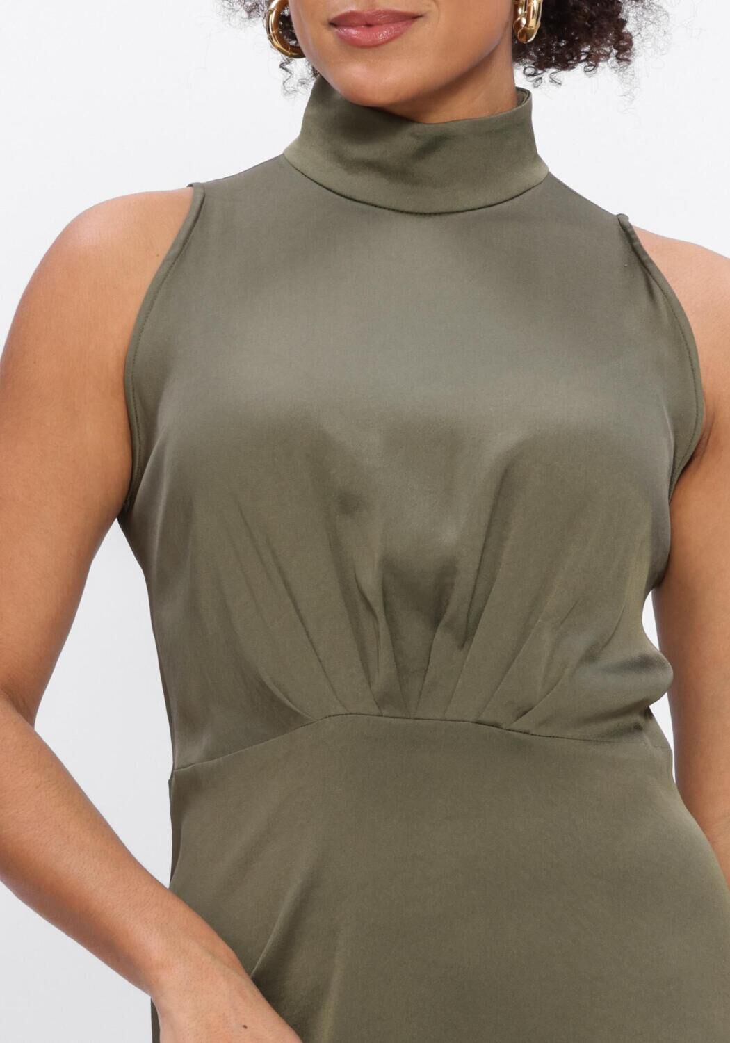Olive green Selene high-neck sleeveless midi dress by Pink Baby, showcasing a fitted bodice and flowing skirt.