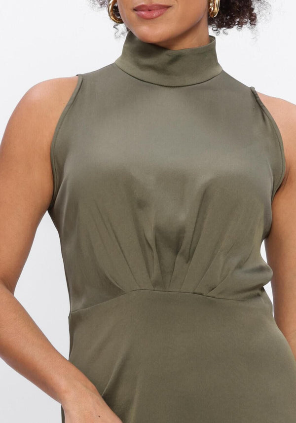 Olive green Selene high-neck sleeveless midi dress by Pink Baby, showcasing a fitted bodice and flowing skirt.