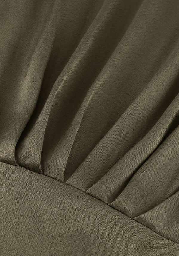Olive green Selene high-neck sleeveless midi dress by Pink Baby, featuring a fitted bodice and flowing skirt.