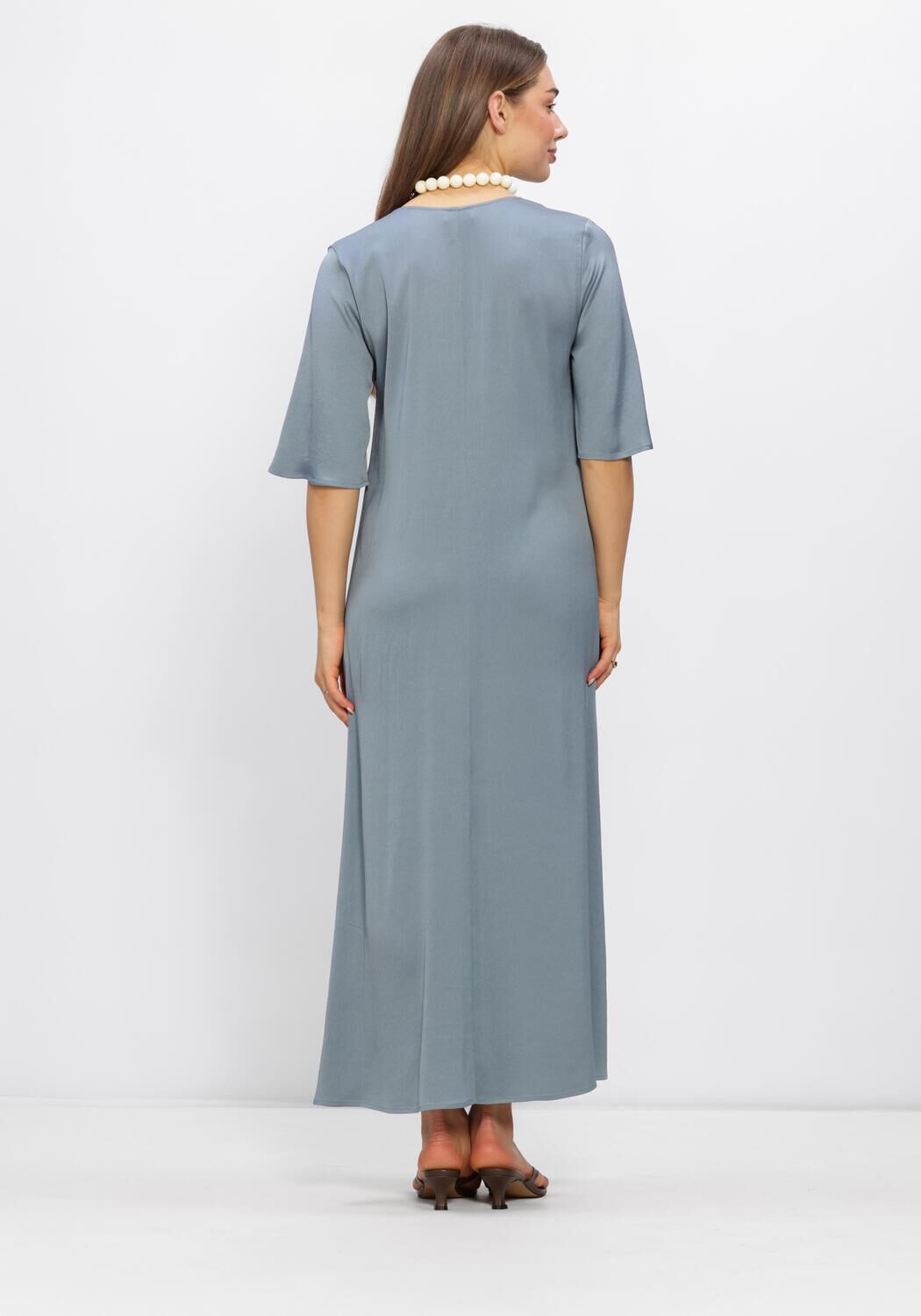 Pink Baby Aurélia V-neck flowing maxi dress in dusty blue, lightweight fabric with a relaxed fit and elegant design.