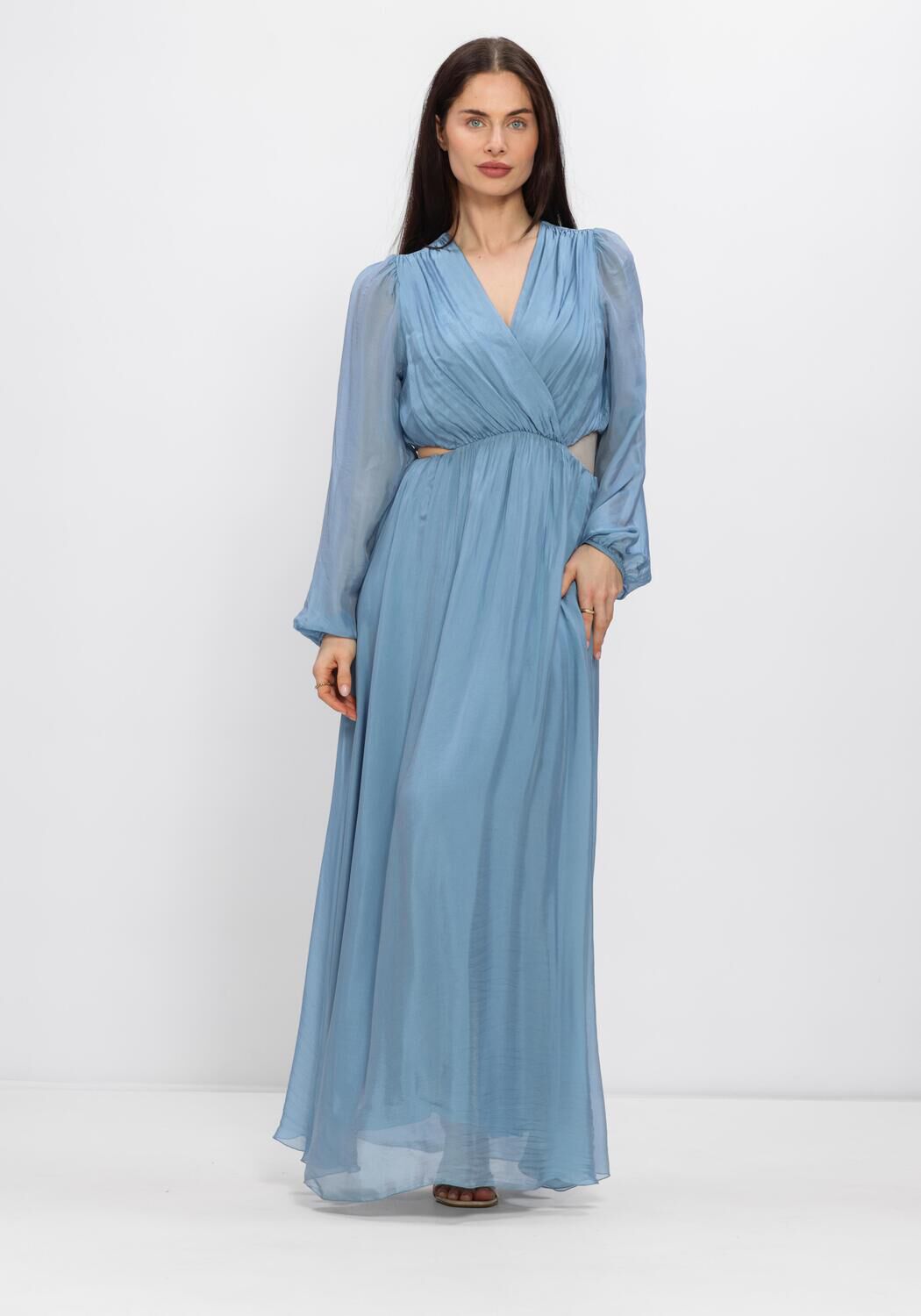 Pink Baby Arielle Cut-Out Wrap Maxi Dress in dusty blue, featuring a flattering wrap design and stylish cut-out details.