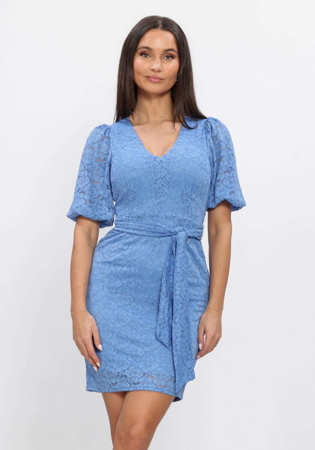 Pink Baby Mirabelle lace wrap mini dress in cornflower blue, featuring delicate lace details and a flattering fit.