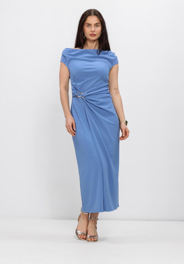 Pink Baby Isolde Draped Hardware Maxi Dress in powder blue with flowing fabric and elegant draping.