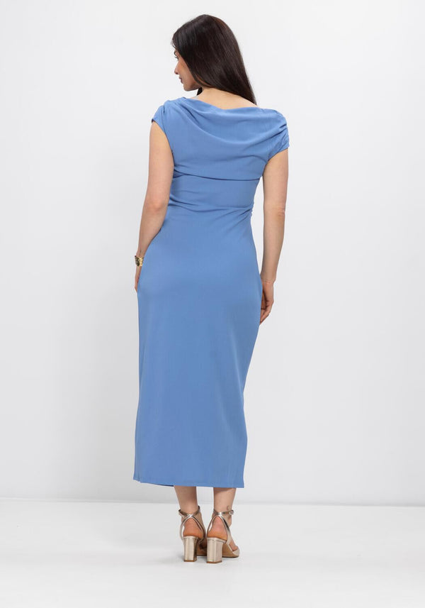 Pink Baby Isolde Draped Hardware Maxi Dress in powder blue, featuring flowing fabric and elegant draping.