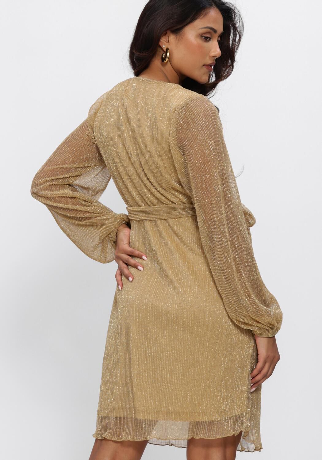 Pink Baby Maristella Shimmer Wrap Mini Dress in gold, featuring a stylish wrap design and shimmering fabric.
