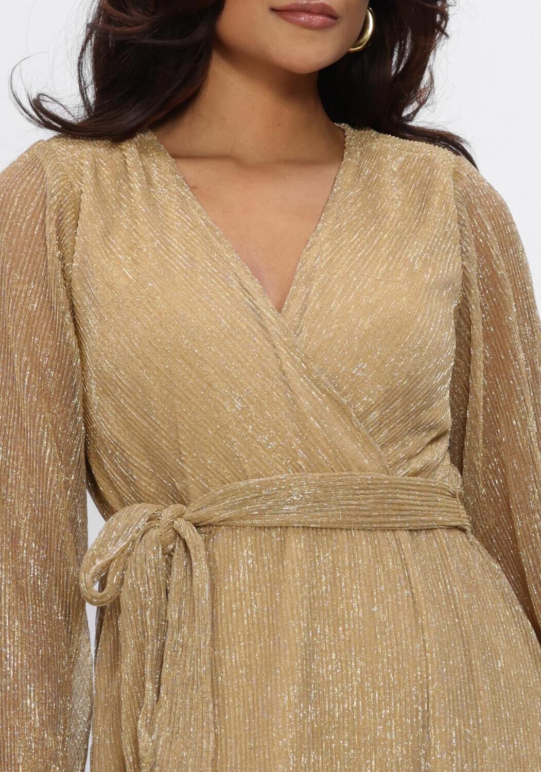 Pink Baby Maristella Shimmer Wrap Mini Dress in gold, featuring a stylish wrap design and shimmer fabric for a chic look.