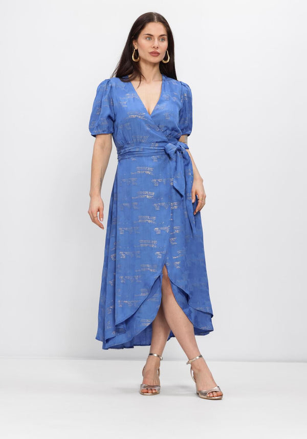Pink Baby Luciana Shimmer Wrap Midi Dress in royal blue, featuring a stylish wrap design and shimmering fabric.