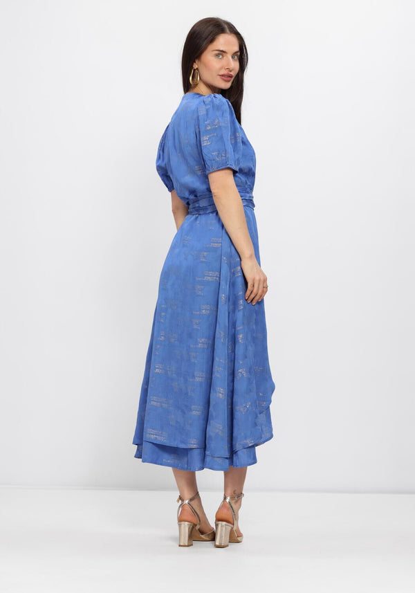 Royal blue Luciana shimmer wrap midi dress by Pink Baby, featuring elegant fabric and a flattering wrap design.