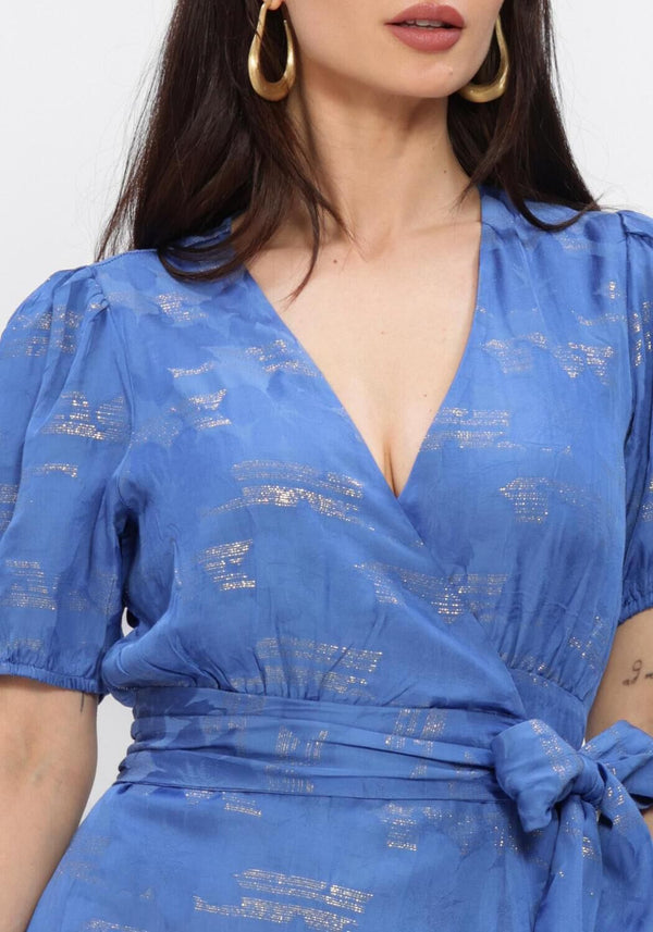 Pink Baby Luciana Shimmer Wrap Midi Dress in royal blue, featuring a stylish wrap design and shimmering fabric.