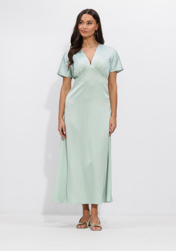 Mint green Elare satin V-neck maxi dress by Pink Baby, flowing fabric, sleeveless design, and elegant silhouette.