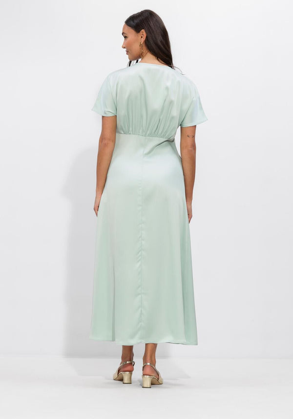 Mint green Elare satin maxi dress with V-neck from Pink Baby, displayed on a hanger with flowing fabric.