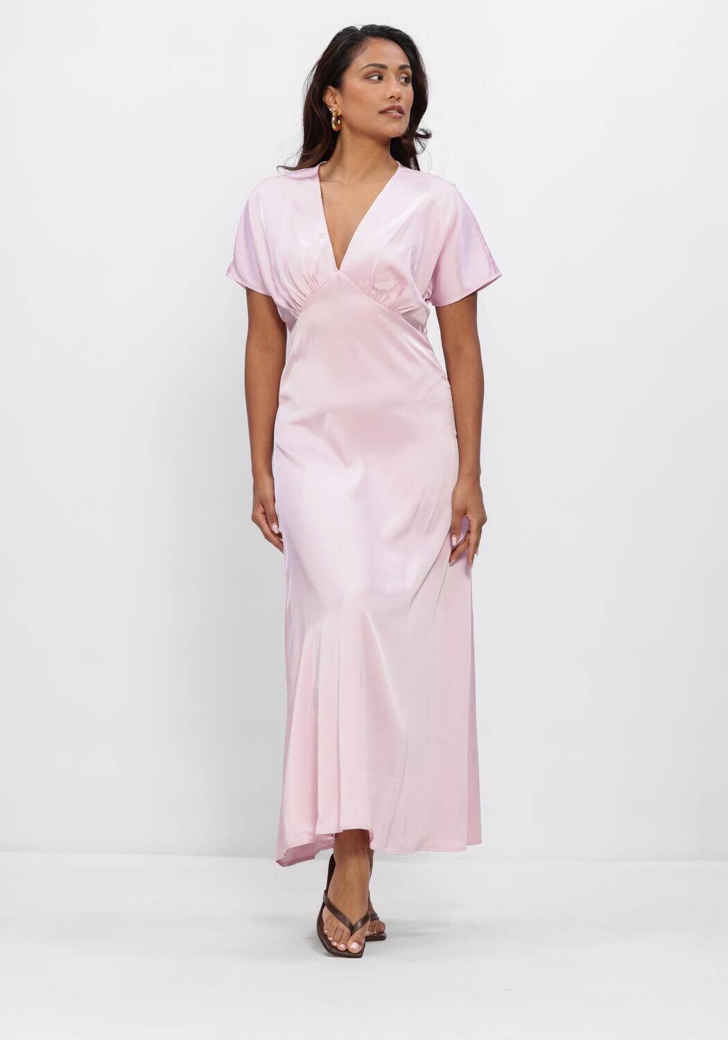 Pink Baby Juliana satin V-neck maxi dress in blush color, flowing fabric and elegant design perfect for special occasions.