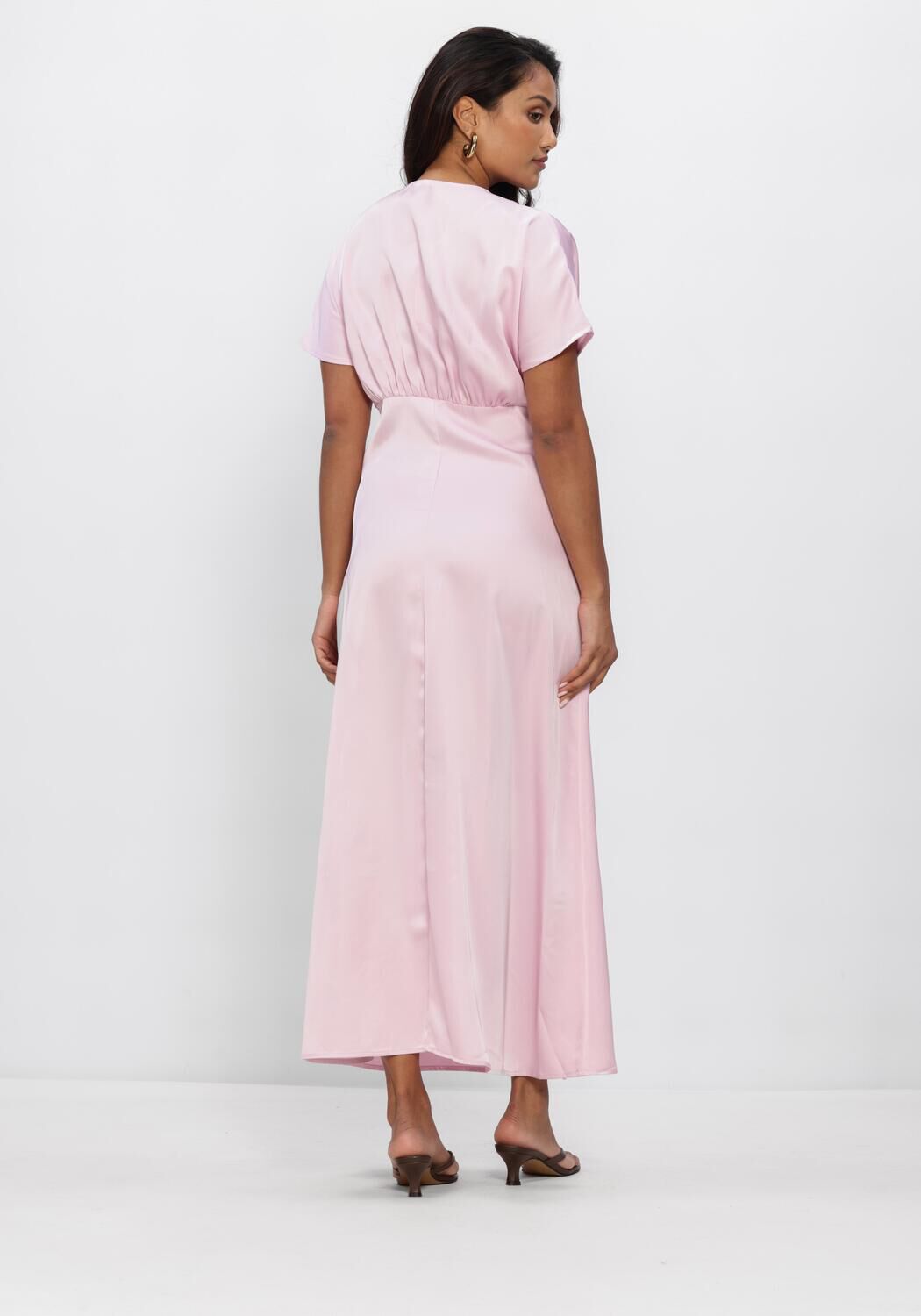 Pink Baby Juliana satin V-neck maxi dress in blush color, flowing fabric with elegant design for formal occasions.