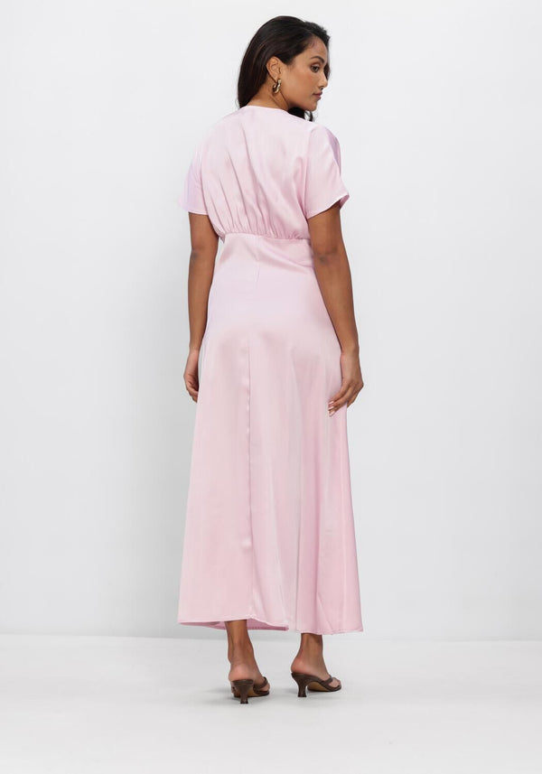 Pink Baby Juliana satin V-neck maxi dress in blush color, flowing fabric with elegant design for formal occasions.