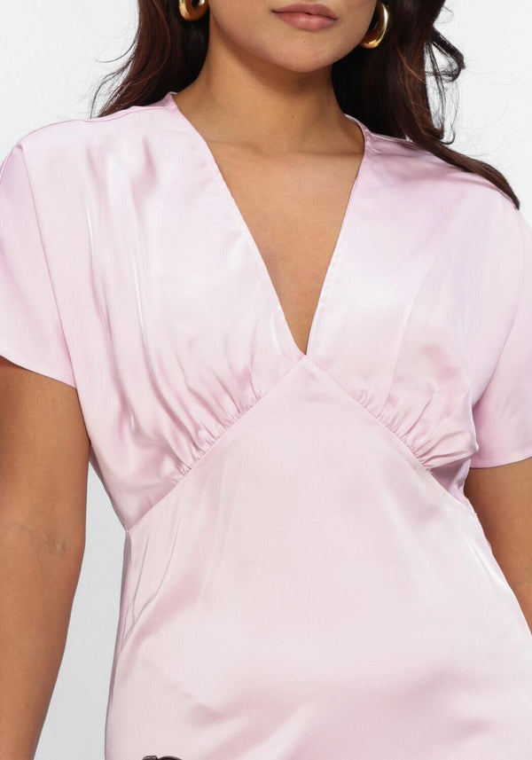 Pink Baby Juliana satin V-neck maxi dress in blush with flowing fabric and elegant design.