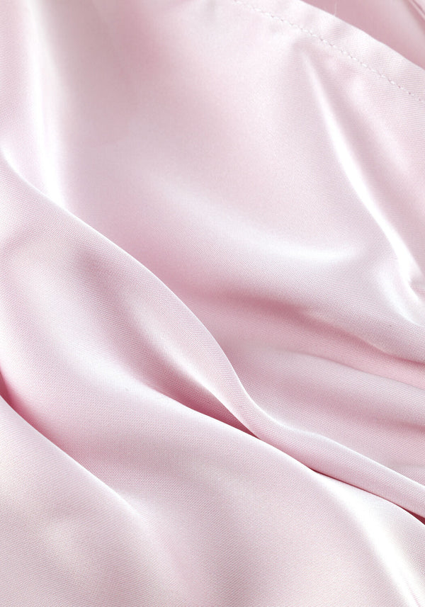 Pink Baby Juliana satin V-neck maxi dress in blush color, flowing elegant gown with a V-neckline and soft satin fabric.