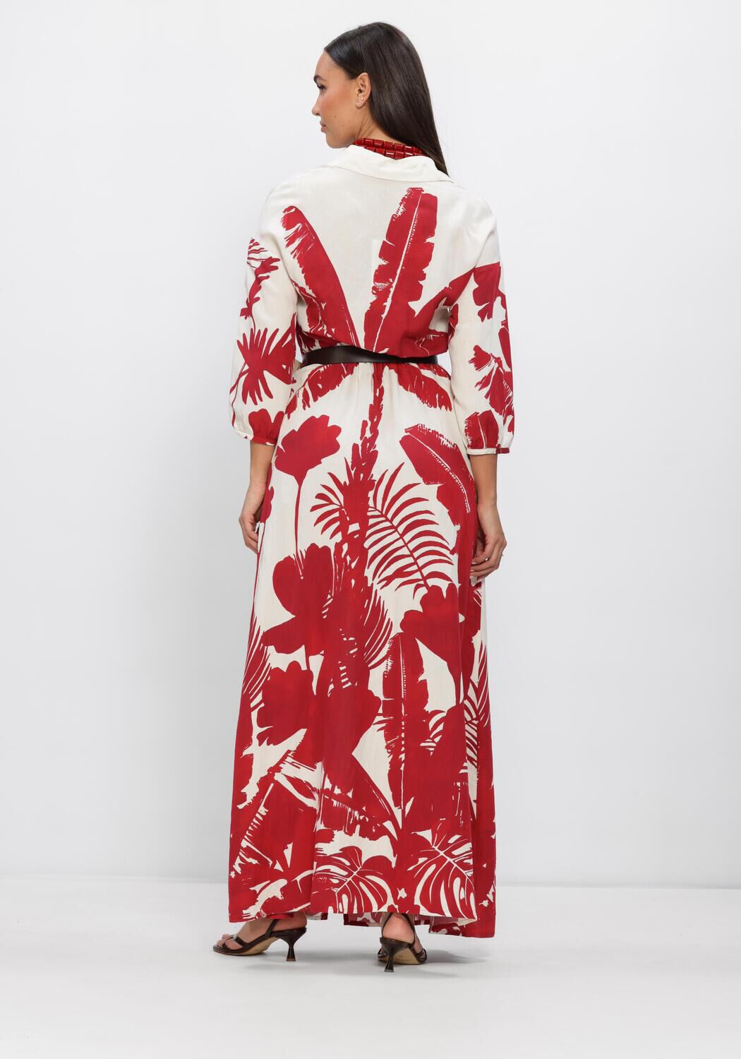 Pink Baby Marcia tropical print maxi dress in red and white, flowing fabric with a stylish summer design.