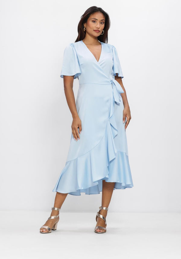 Pink Baby Livina ruffle-hem wrap midi dress in powder blue, featuring a stylish design and flowy fabric.