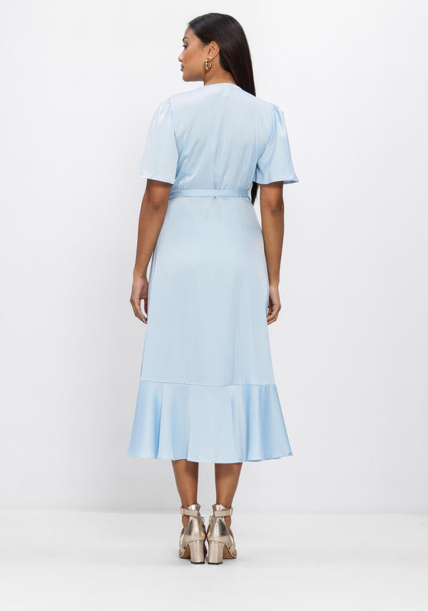 Pink Baby Livina Ruffle-Hem Wrap Midi Dress in powder blue, featuring ruffle hem and elegant wrap design.