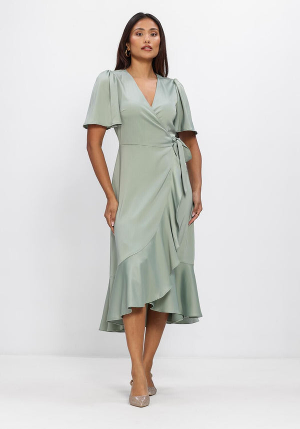 Sage green satin wrap midi dress by Pink Baby, featuring a stylish silhouette and elegant fabric for a sophisticated look.