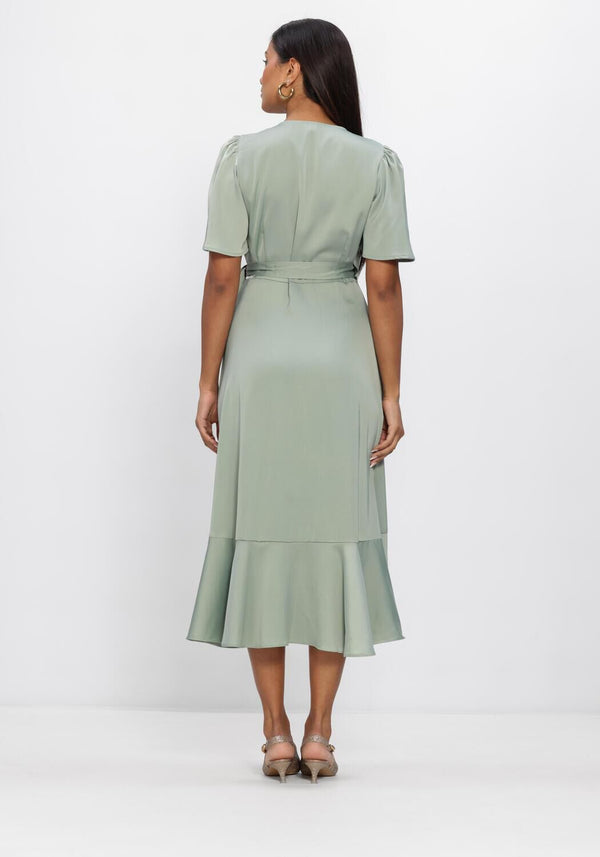 Sage green Emelyn satin wrap midi dress by Pink Baby featuring a fitted waist and elegant midi length.