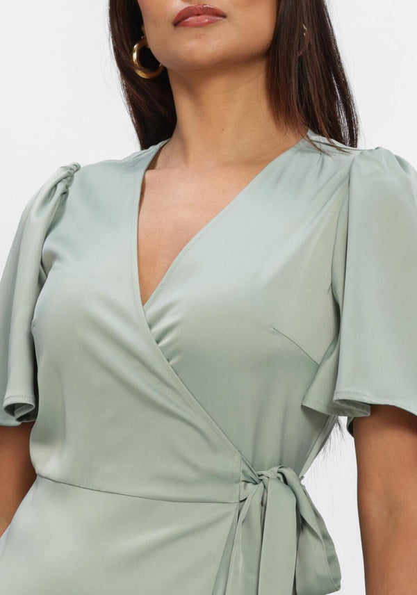 Pink Baby Emelyn satin wrap midi dress in sage green, featuring a sleek design and elegant midi length.