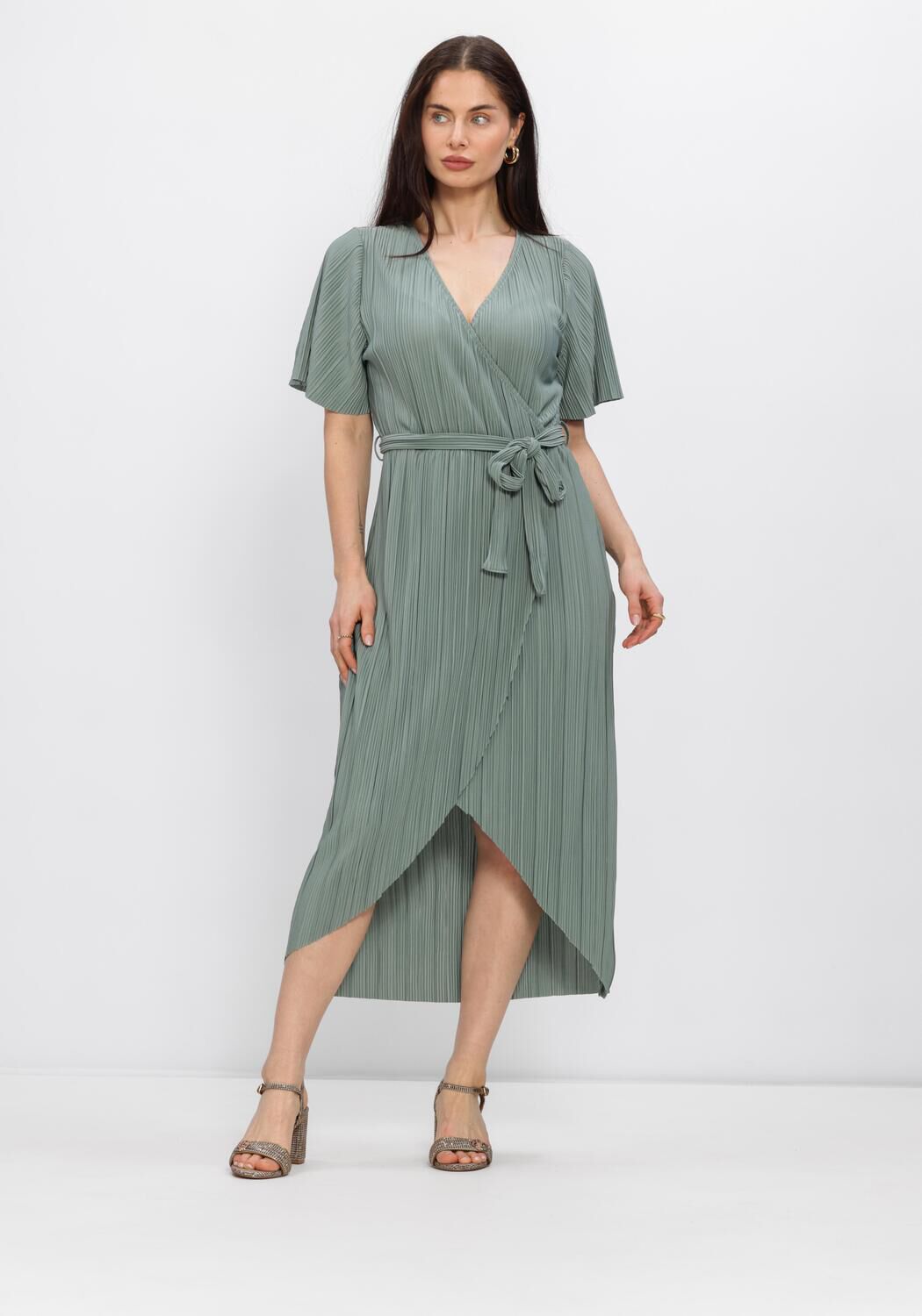 Pink Baby Aveline pleated wrap midi dress in sage green, featuring a stylish design and elegant length.