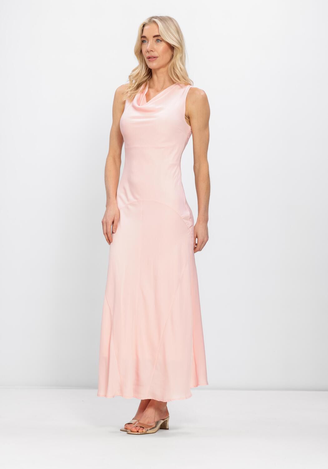 Pink Baby Eliana Draped Satin Maxi Dress in blush pink, featuring elegant draping and flowing fabric for formal occasions.