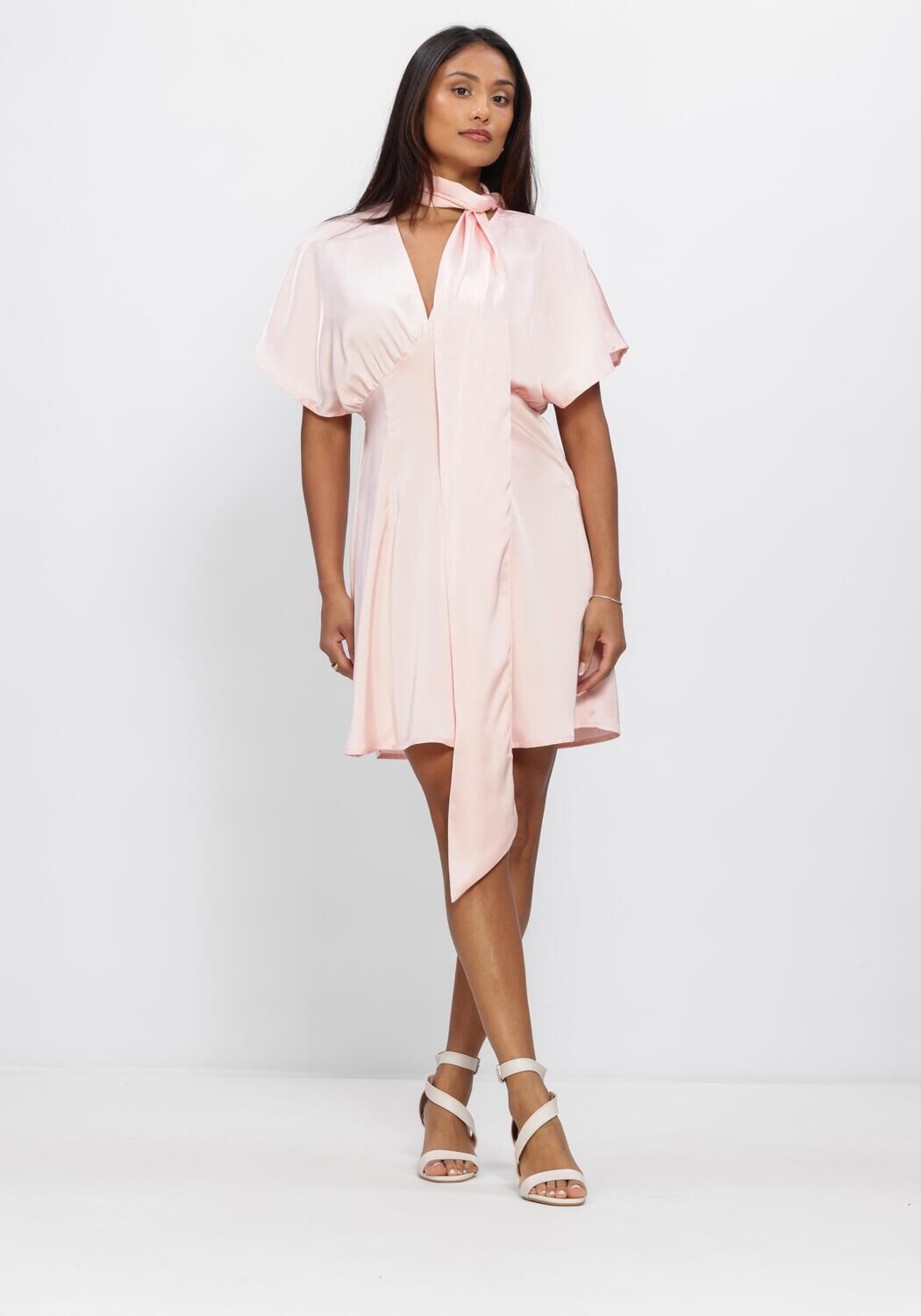 Pink Baby Amandine Satin Mini Dress with scarf-tie in blush pink, featuring a elegant satin fabric and stylish design.