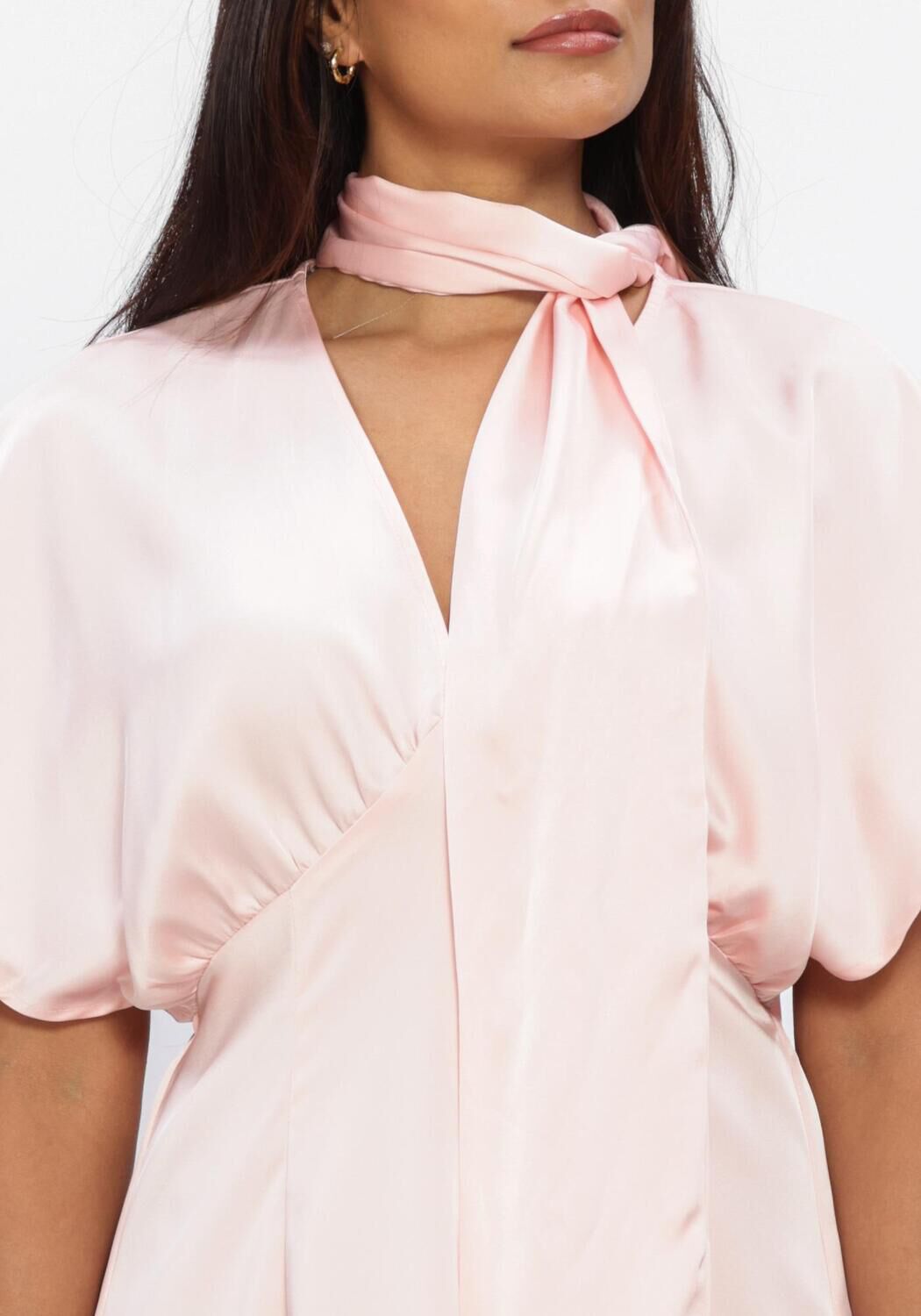 Pink Baby Amandine satin mini dress with scarf-tie detail in blush pink, elegant and stylish for special occasions.