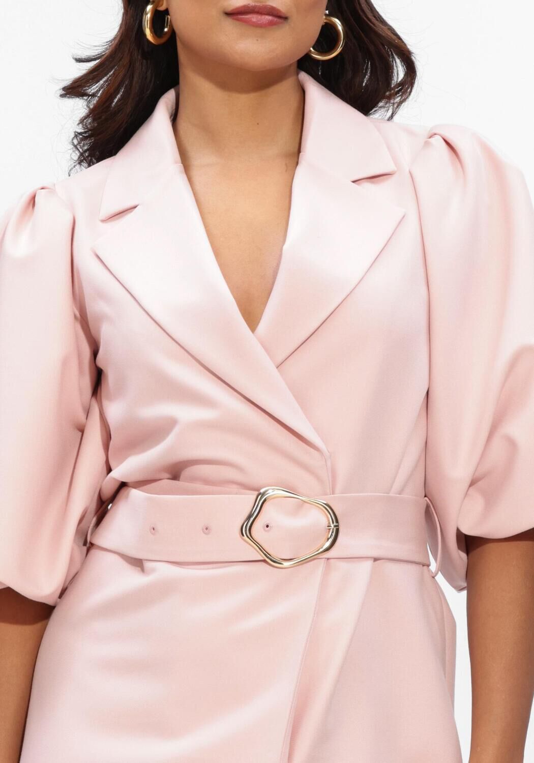 Pink Baby Arabella belted blazer mini dress in blush pink, featuring a tailored fit and stylish lapel collar.