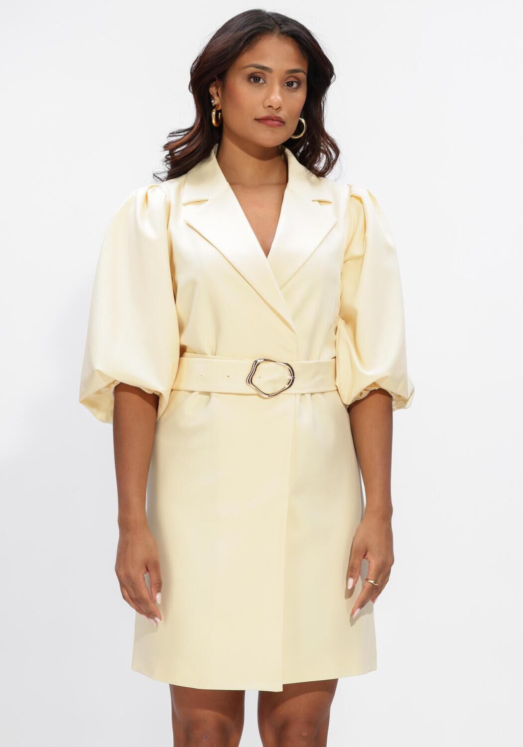 Pink Baby Aurora belted blazer mini dress in butter yellow, featuring a tailored fit and stylish lapel collar.