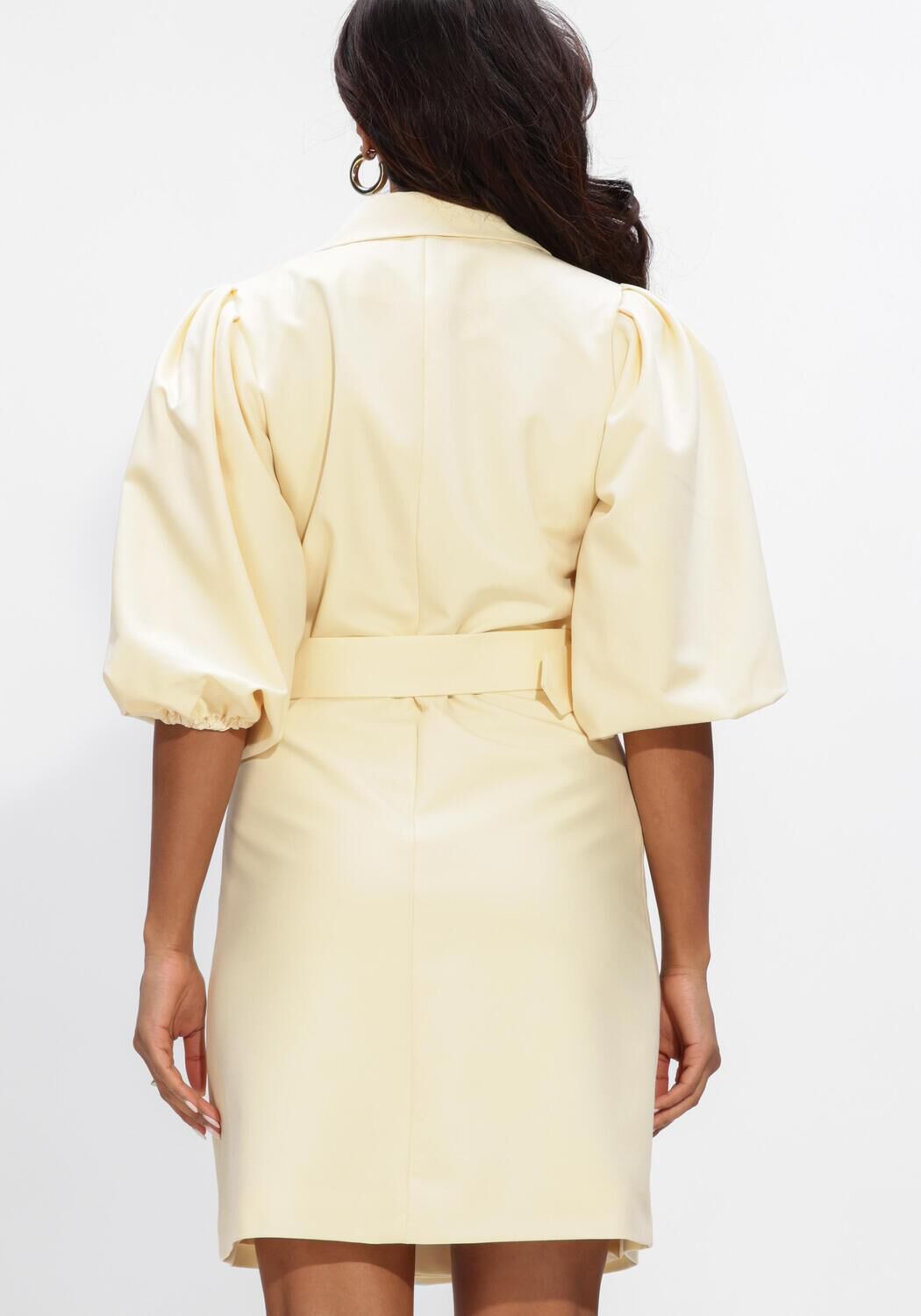 Pink Baby Aurora belted blazer mini dress in butter yellow, stylish sleeveless dress with a fitted blazer design and belt detail.