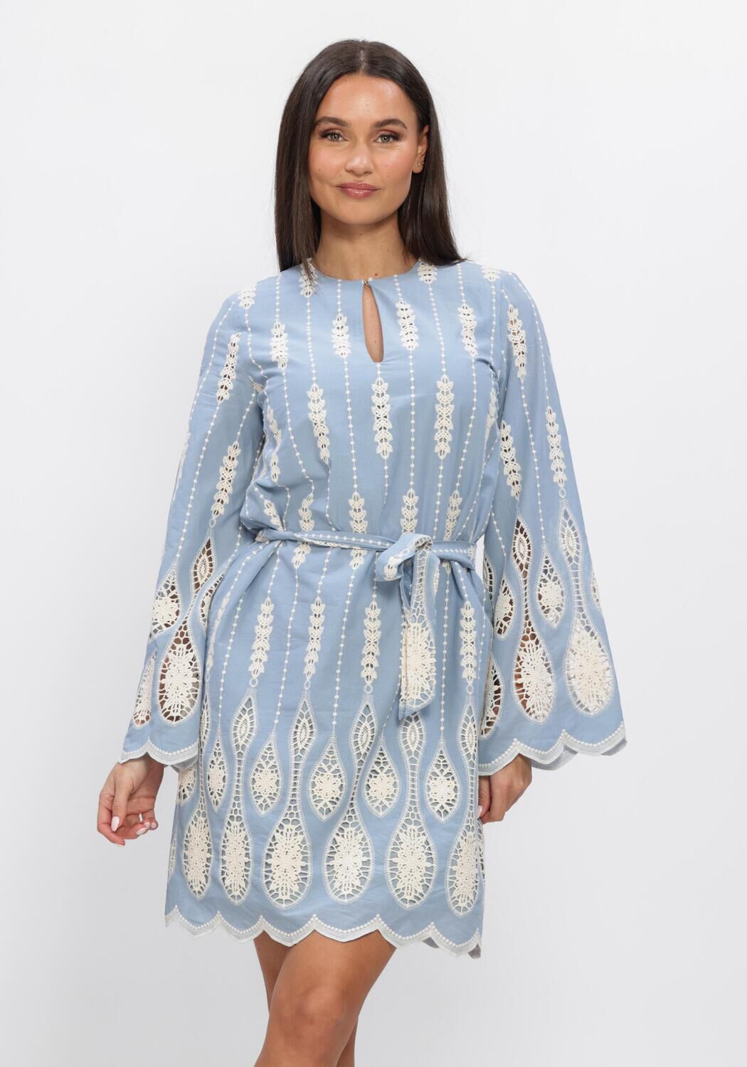 Sky blue Jona embroidered lace mini dress by Pink Baby, featuring delicate lace details and a stylish, feminine fit.