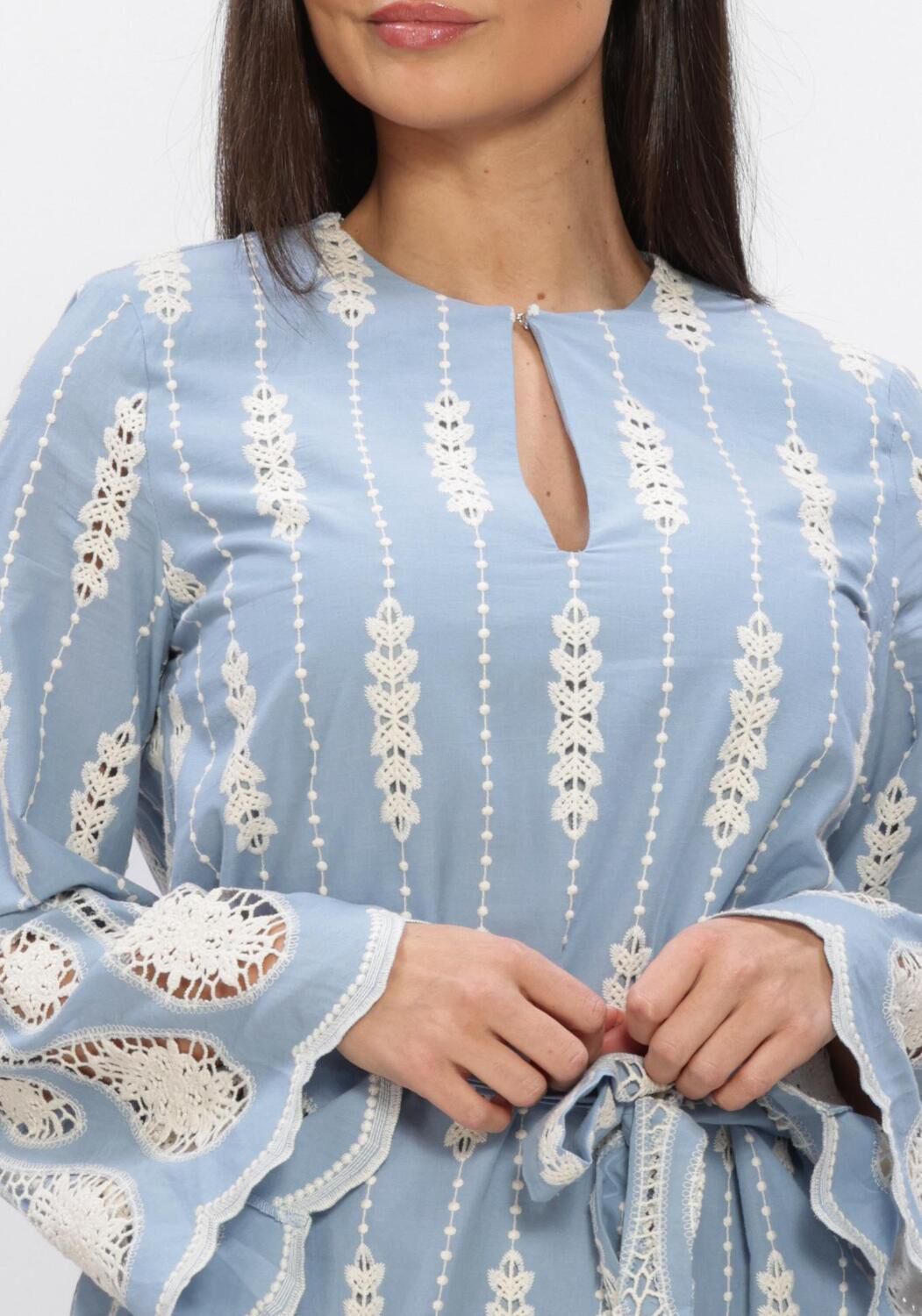 Sky blue Jona embroidered lace mini dress by Pink Baby, featuring intricate lace details and a stylish, feminine design.