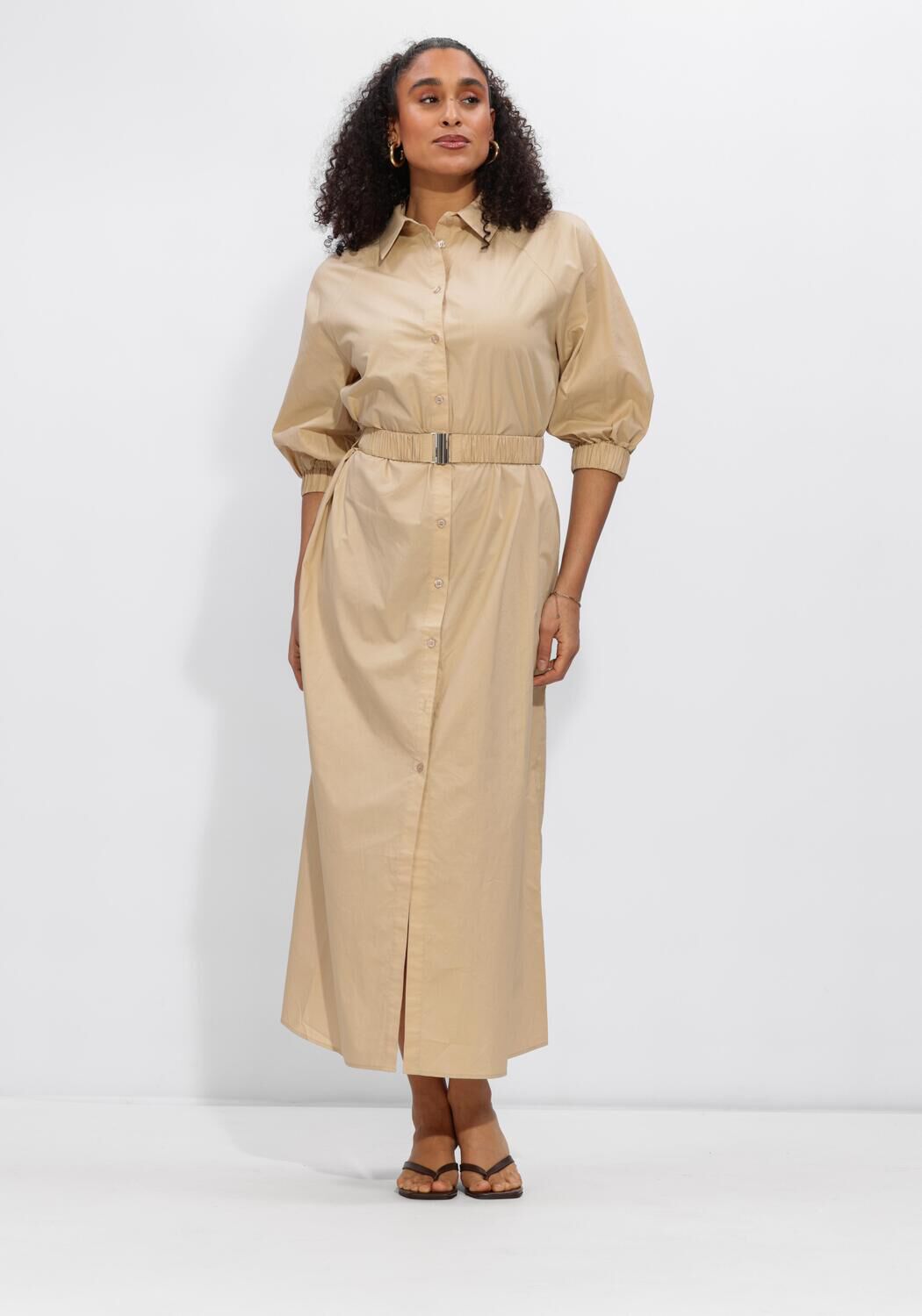 Pink Baby Sabine belted shirt maxi dress in sand beige, featuring a flowy fabric and stylish waist belt.