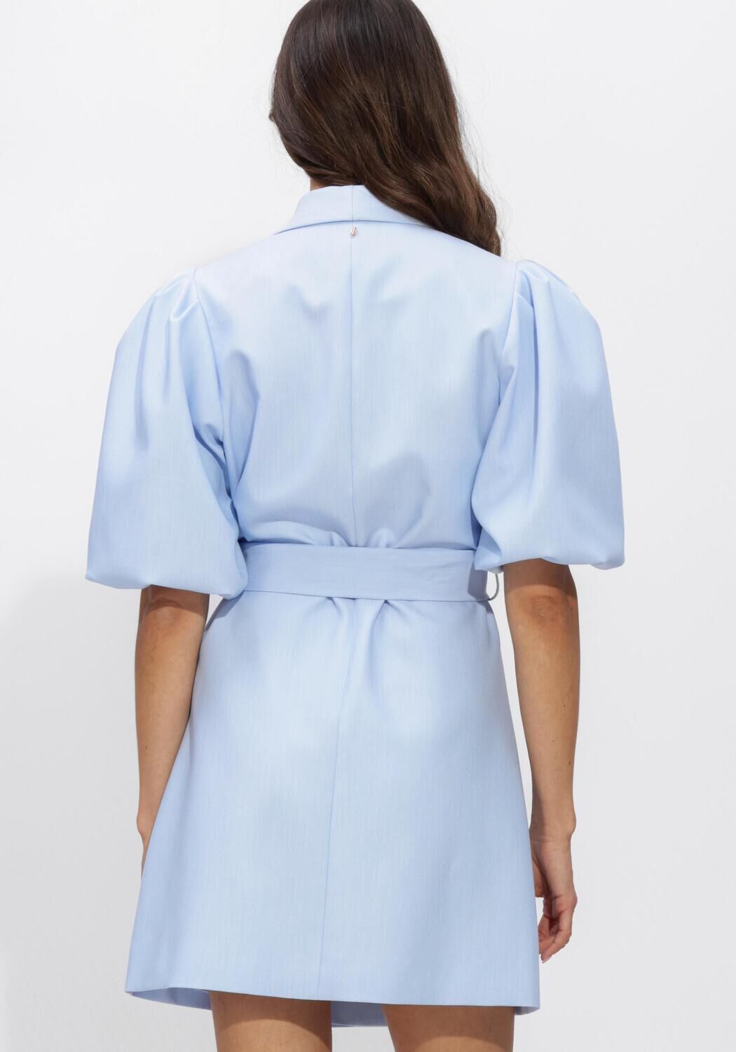 Pink Baby Serene Belted Blazer Mini Dress in powder blue, stylish sleeveless blazer dress with belt detail, perfect for chic occasions.