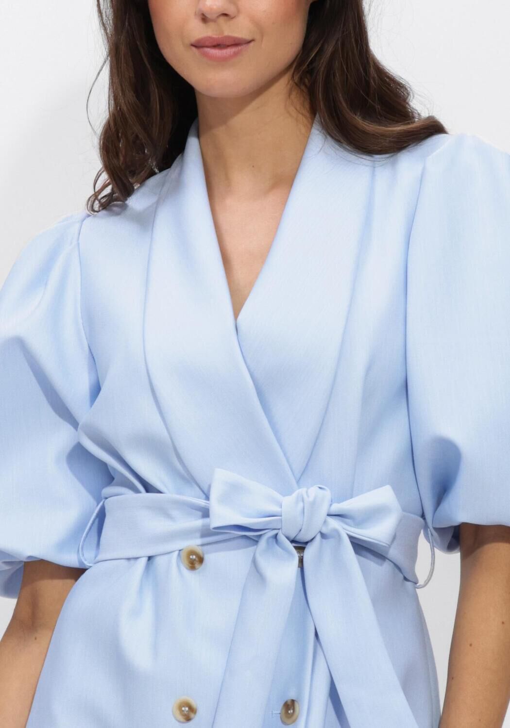 Pink Baby Serene Belted Blazer Mini Dress in powder blue, featuring a tailored blazer style with a waist belt and mini length.