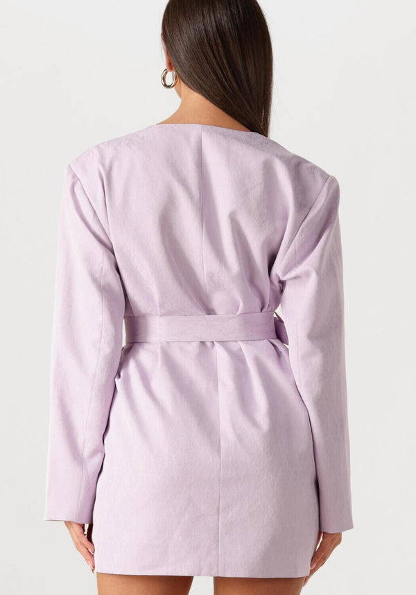 Pink Baby Paula belted blazer mini dress in lilac color, stylish and fitted with a collar and long sleeves.
