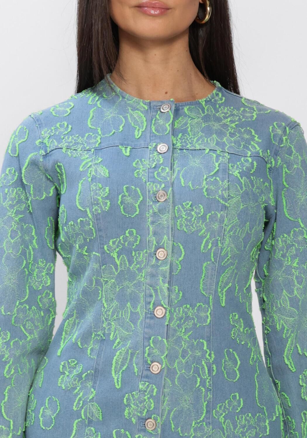 Pink Baby Freya Floral Denim Mini Dress in blue and green with a fitted bodice and flared skirt, perfect for casual summer wear.