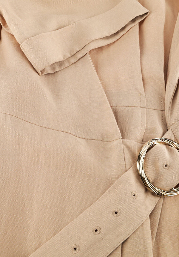 Pink Baby Camille beige buckle wrap midi dress displayed with front view, featuring a fitted waist and elegant midi length.