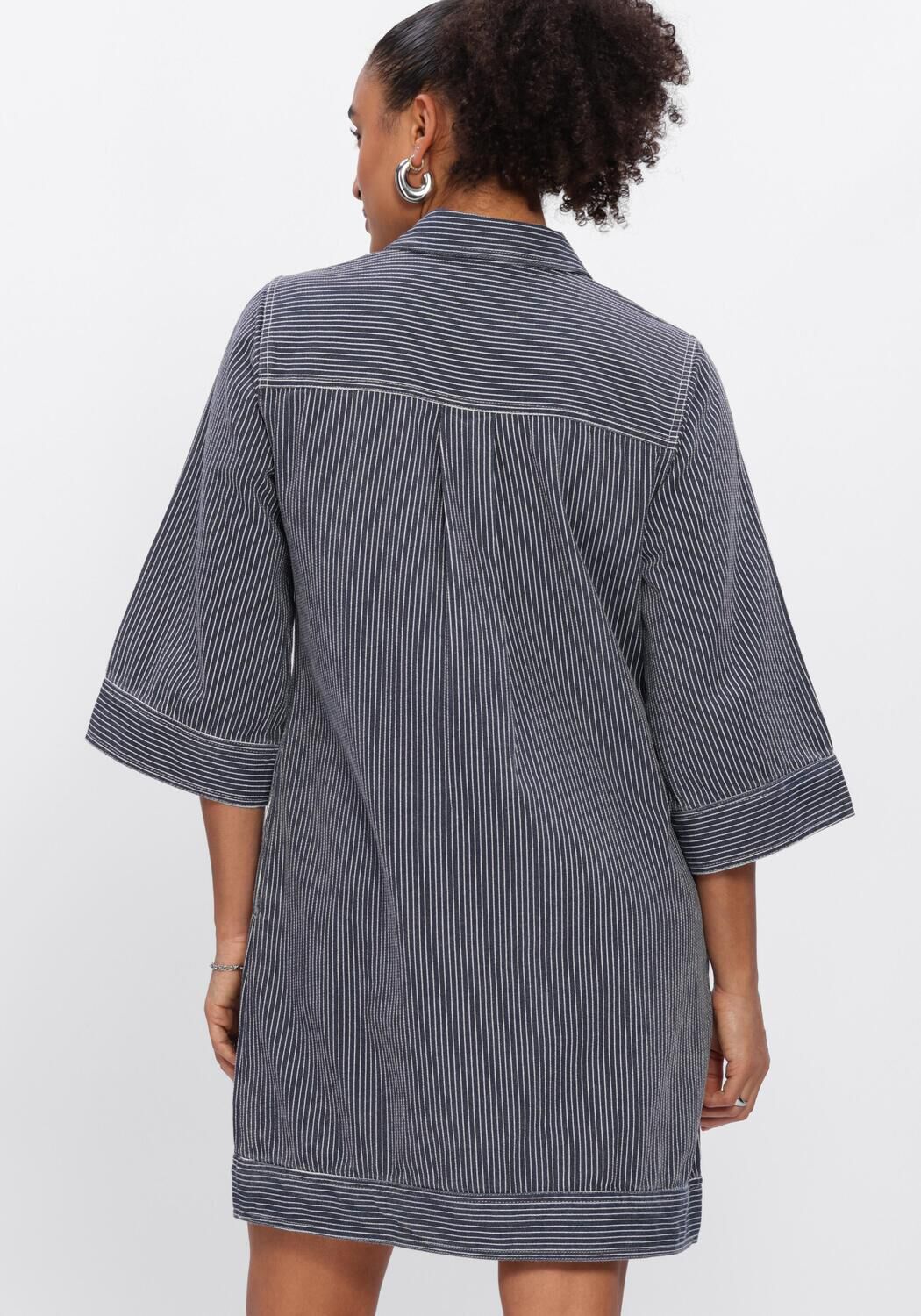 Pink Baby Viana zip-collar striped mini dress in charcoal grey, featuring a stylish collar and fitted silhouette.