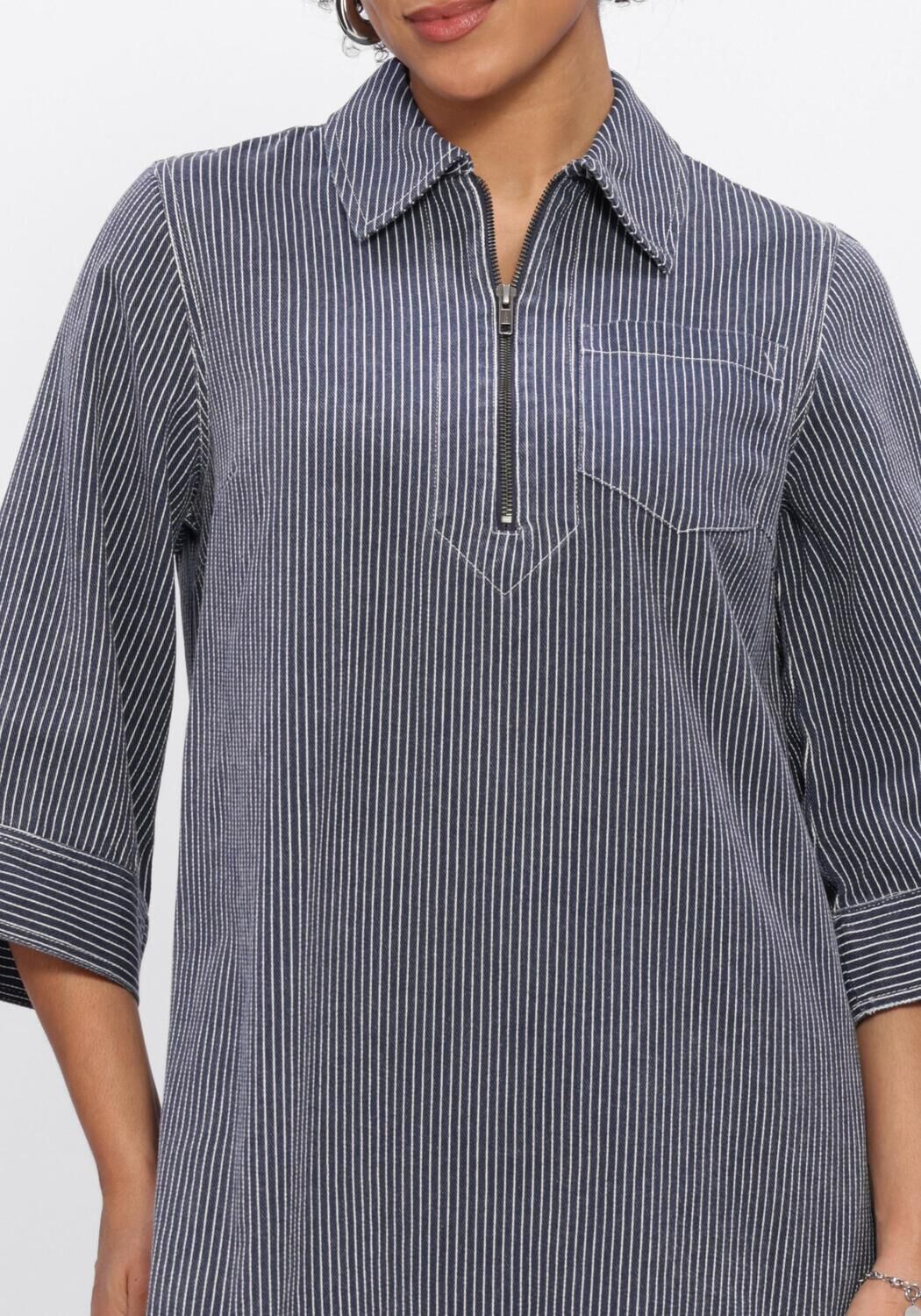 Charcoal grey Viana zip-collar striped mini dress by Pink Baby, featuring a fitted silhouette and stylish design.