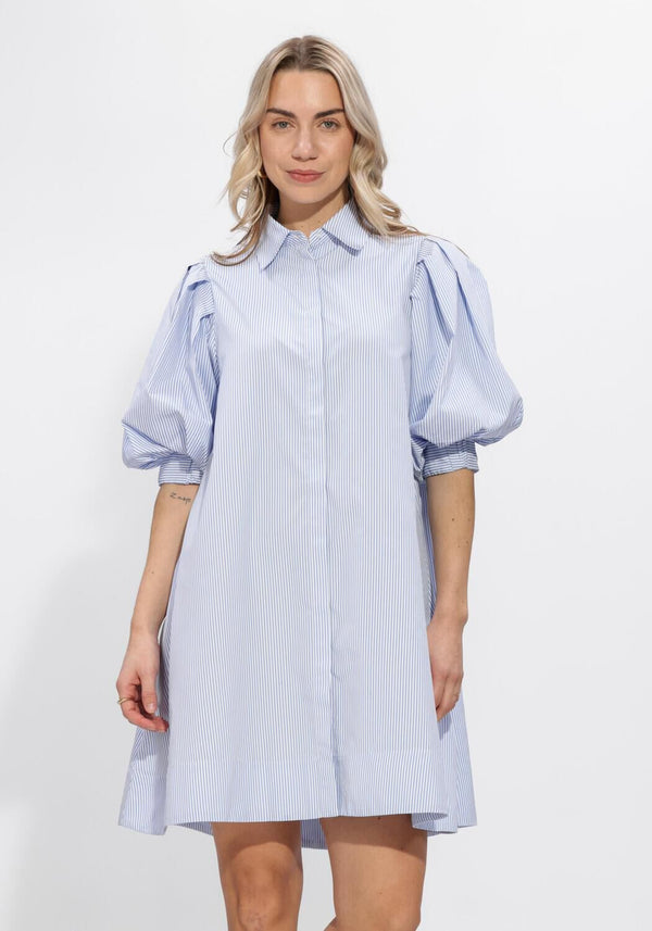 Pink Baby Christine striped puff sleeve shirt dress in blue, featuring a relaxed fit and stylish design.