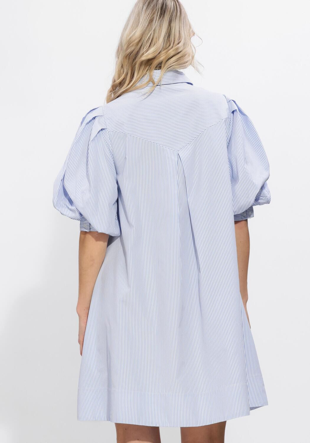 Pink Baby Christine striped puff sleeve shirt dress in blue, featuring a classic collar and button-down front.